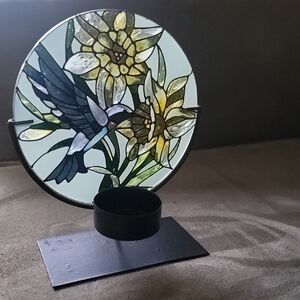JOAN BAKER DESIGN Handpainted Stained Glass Tea Light Hummingbird Flower